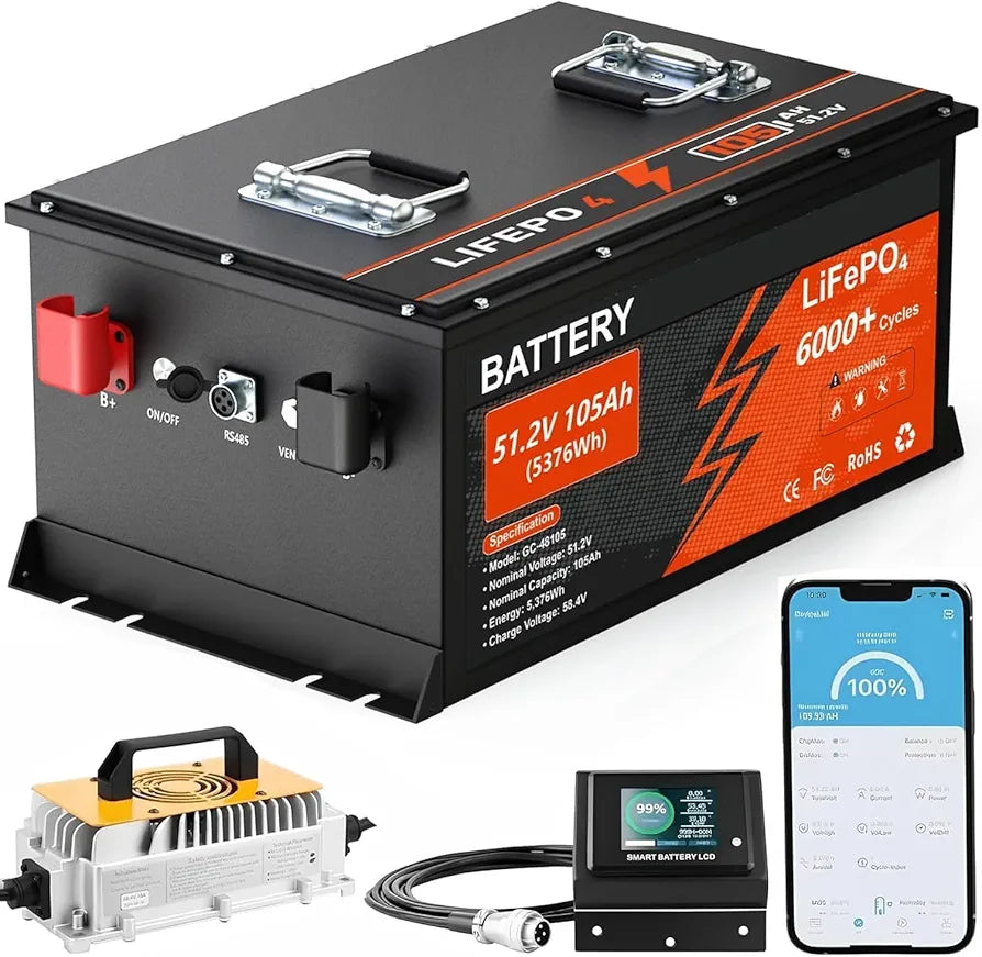KEZIMO 48V 105Ah LiFePO4 golf cart battery with charger, battery monitor, and Bluetooth app