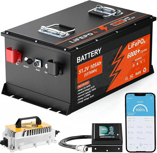 KEZIMO 48V 105Ah LiFePO4 golf cart battery with charger, battery monitor, and Bluetooth app