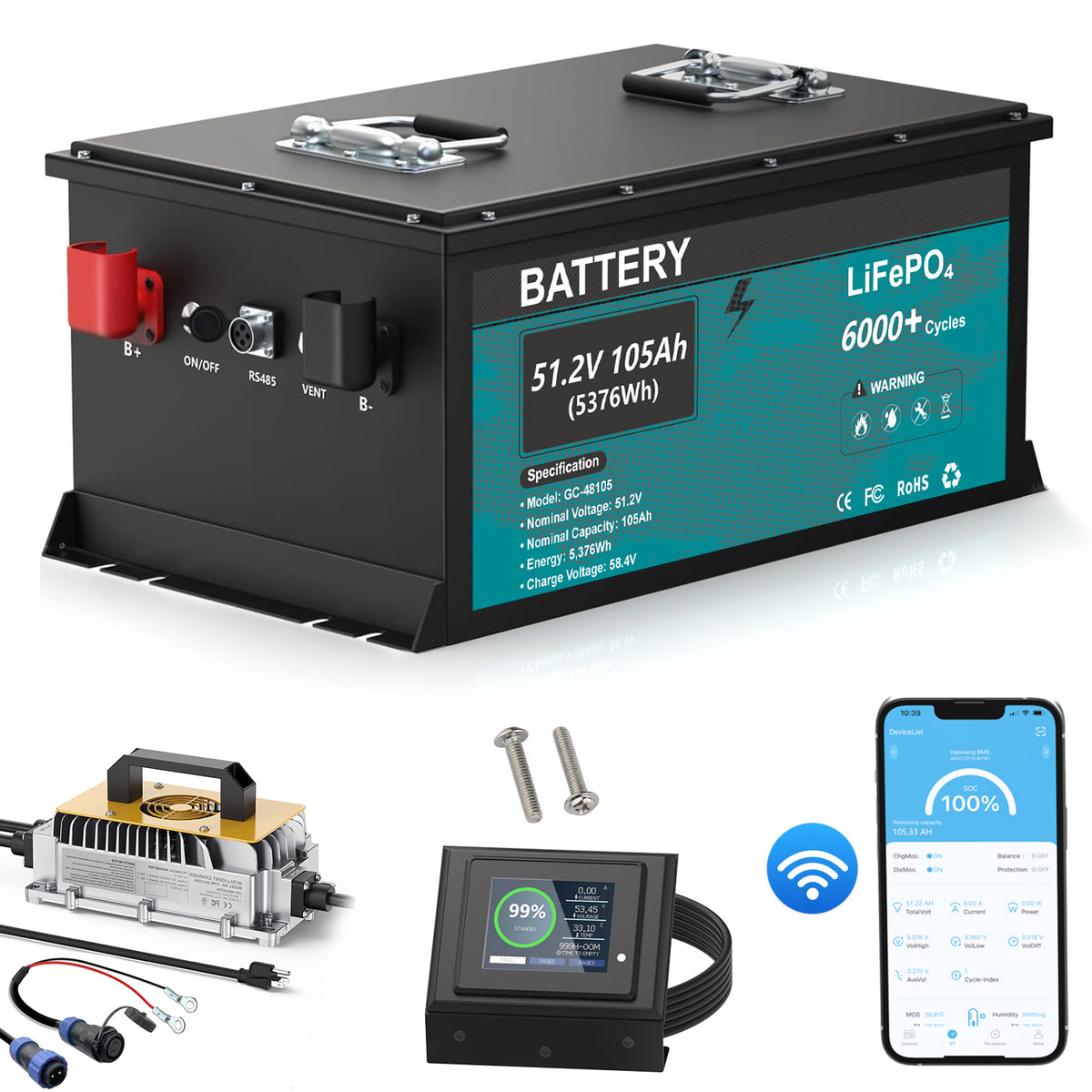 KEZIMO 48V 105Ah LiFePO4 golf cart battery with blue label and included accessories