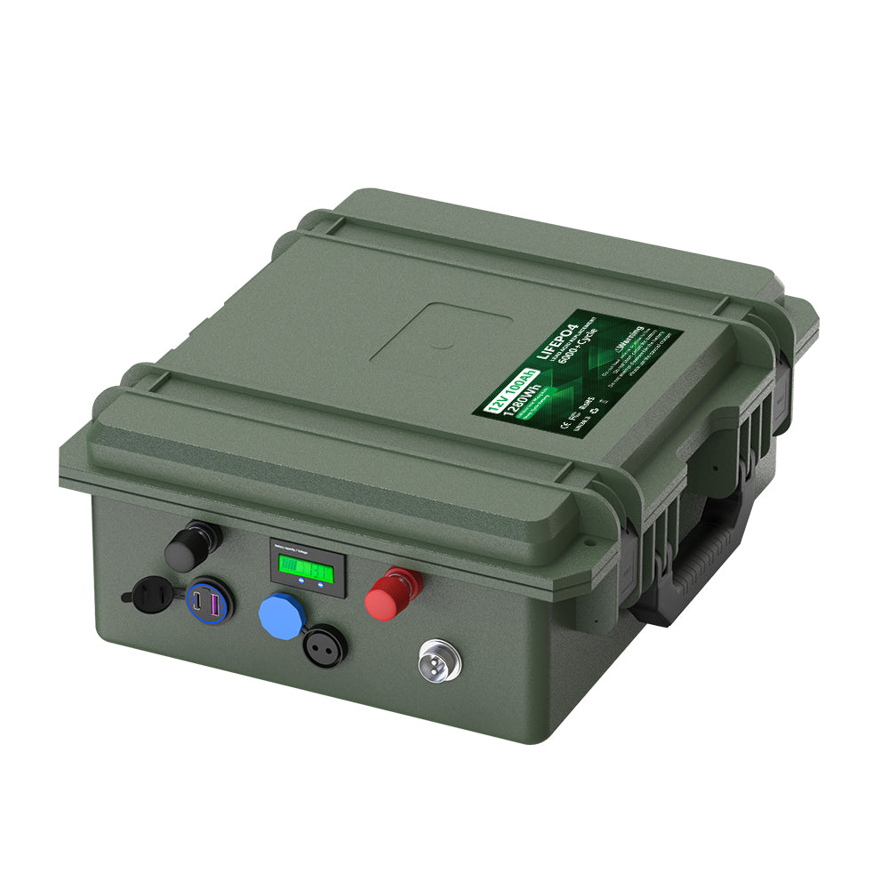 KEZIMO 12V LiFePO4 marine battery in rugged green case with digital display and connection ports