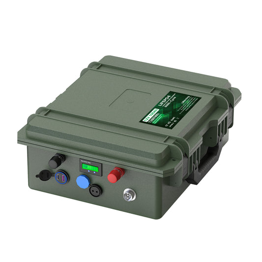 KEZIMO 12V LiFePO4 marine battery in rugged green case with digital display and connection ports